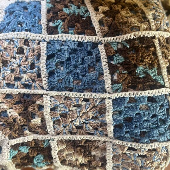 Handmade Grandma Square Blue , Cream & Brown Afghan. Blanket Crocheted - Picture 1 of 4